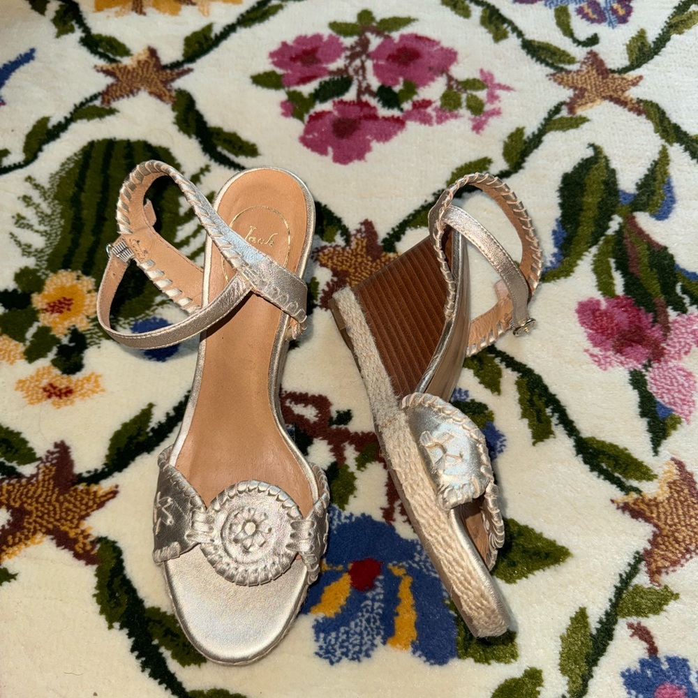 Jack Rogers Sandals leather Gold Espadrille Wedge Ankle Strap